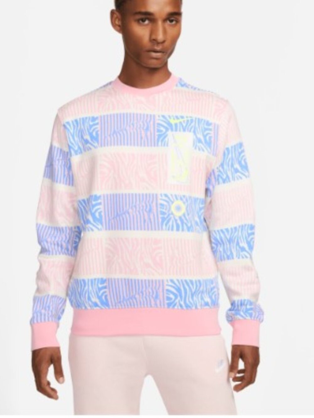 Nike Sportswear Club Fleece Trippy Safari Sweatshirt Mens L Pink Blue NWT FN1469